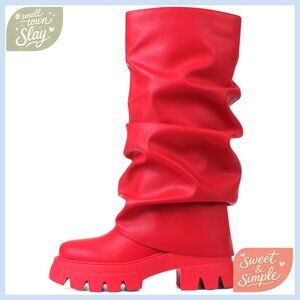 Fold Over Slouchy Platform Boots Glitter Metallic Chunky Stacked Mid Calf